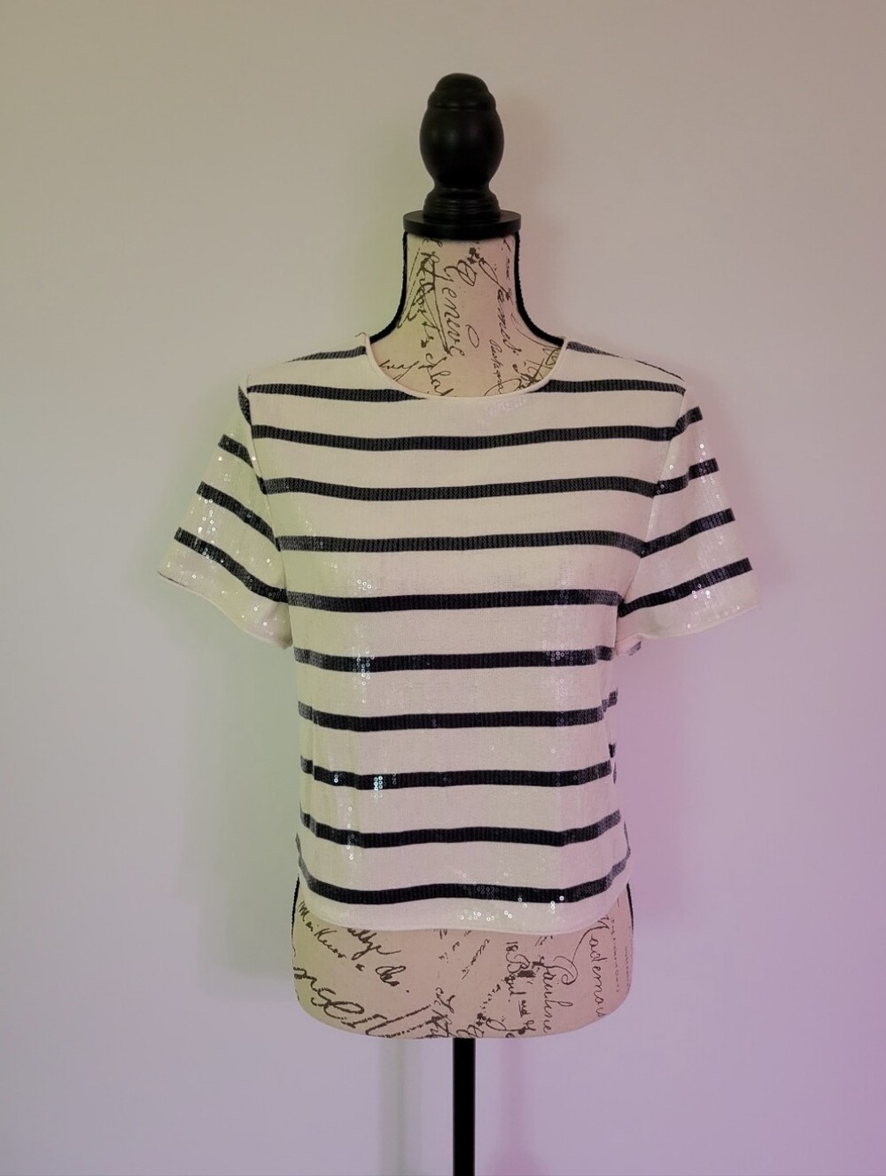ON 34th Sequin Short Sleeve Tee White and Navy Striped NWOT